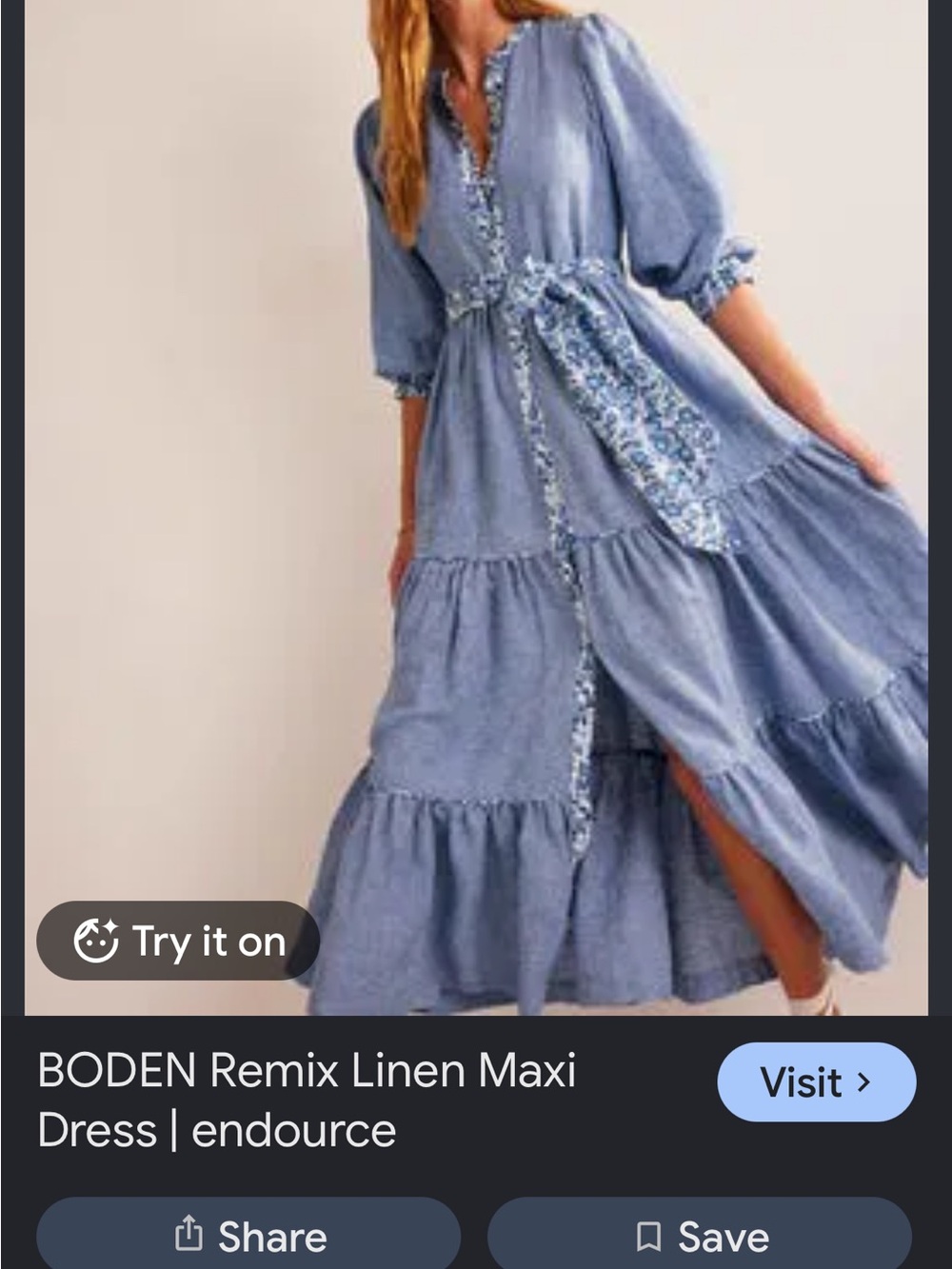 Boden Alba Linen Maxi Dress Light Blue Tiered Long Dress with Floral Trim - Picture 2 of 8